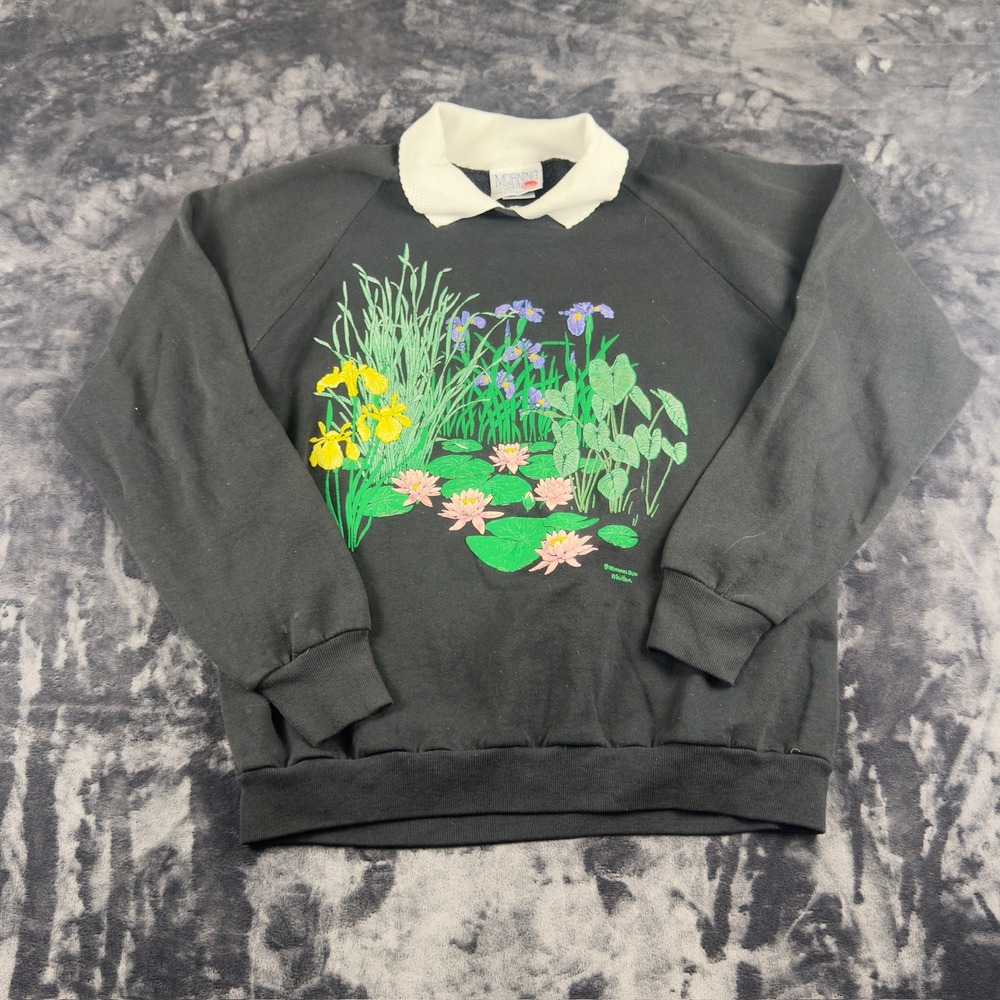 Morning Sun Sweatshirt Womens XL Black Floral Water Lily Pond Vintage Pullover